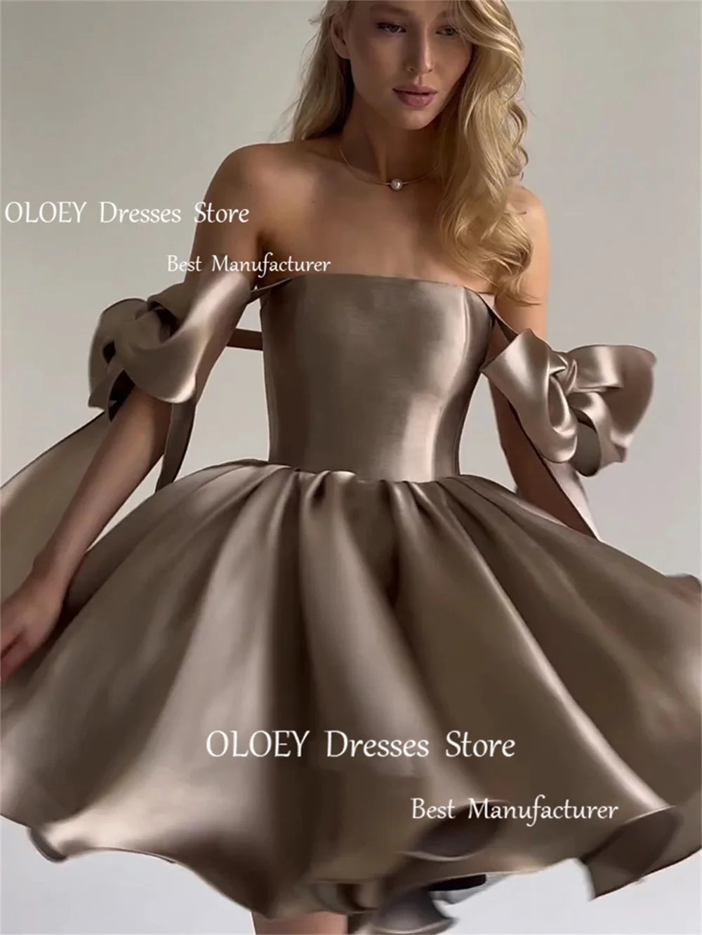 OLOEY 2024 Sexy Evening Dresses Lace-up Bow Sleeves Above Knee Solid Color Satin Prom Dress Photoshot High Waist Party Dress