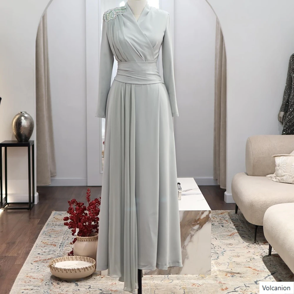 

Customized A-line Evening Dresses Floor-length V-neck Full Sleeve Prom Gown Fashion Crystal Beading Pleat Draped Party Gown