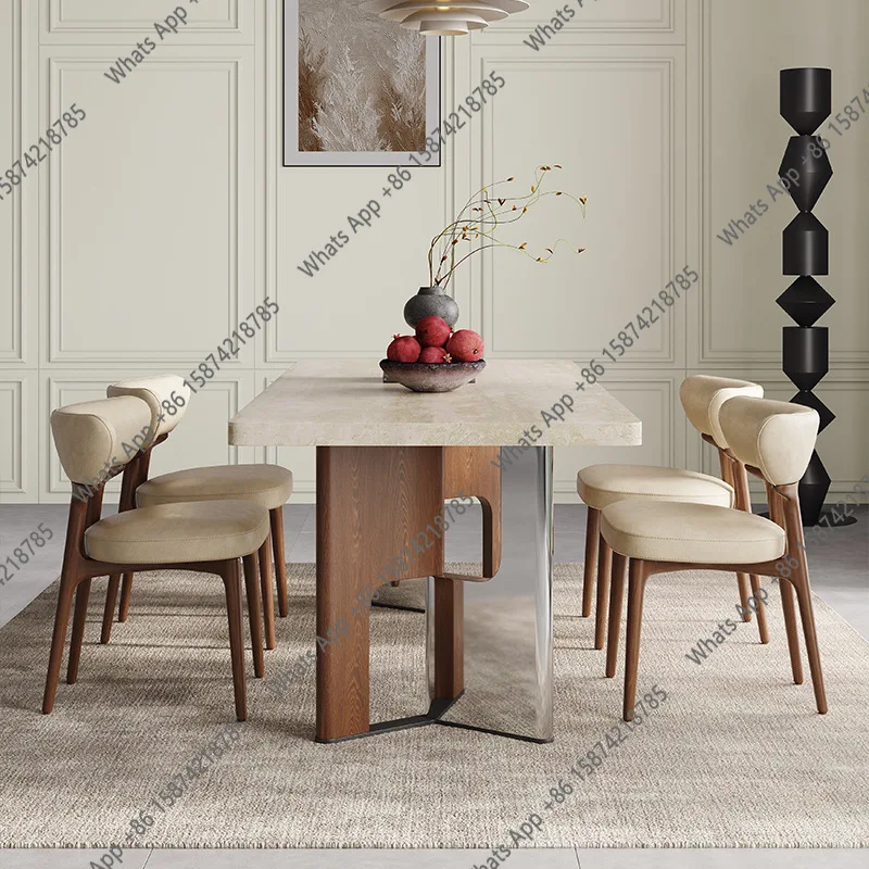

AFrench retro travertine rock slab dining table and chairs solid wood home high-end villa medium and ancient style hanging recta