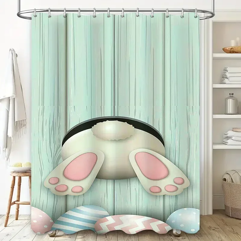 ~O~Cute Easter Bunny and Eggs Design Waterproof Shower Curtain Heat Resistant Machine Washable Non-Transparent 180x180cm