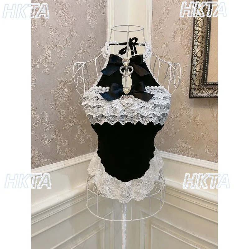 Sweet Kawaii Girls Bow Love Diamond Pearl Lace Edge Slim Fit Neck Vest Top Lolita Girls with Chest Pad Sling Camis Y2k Crop Top