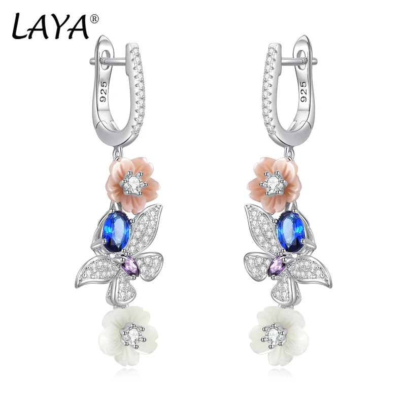 

Серьги LAYA из 100% стерлингового серебра 925 пробы для женщин, розовые, с цветочным узором, белые, с фиолетовым цирконом, для вечеринок, романтические, свадебные, изысканные ювелирные изделия
