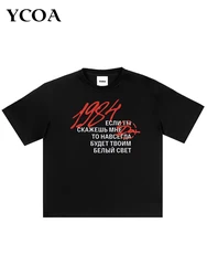 Men T-Shirt Cotton Oversized Letter Gothic Graphic Short Sleeve Tops Tees Korean Fashion Y2k Streetwear Vintage Unisex Clothing