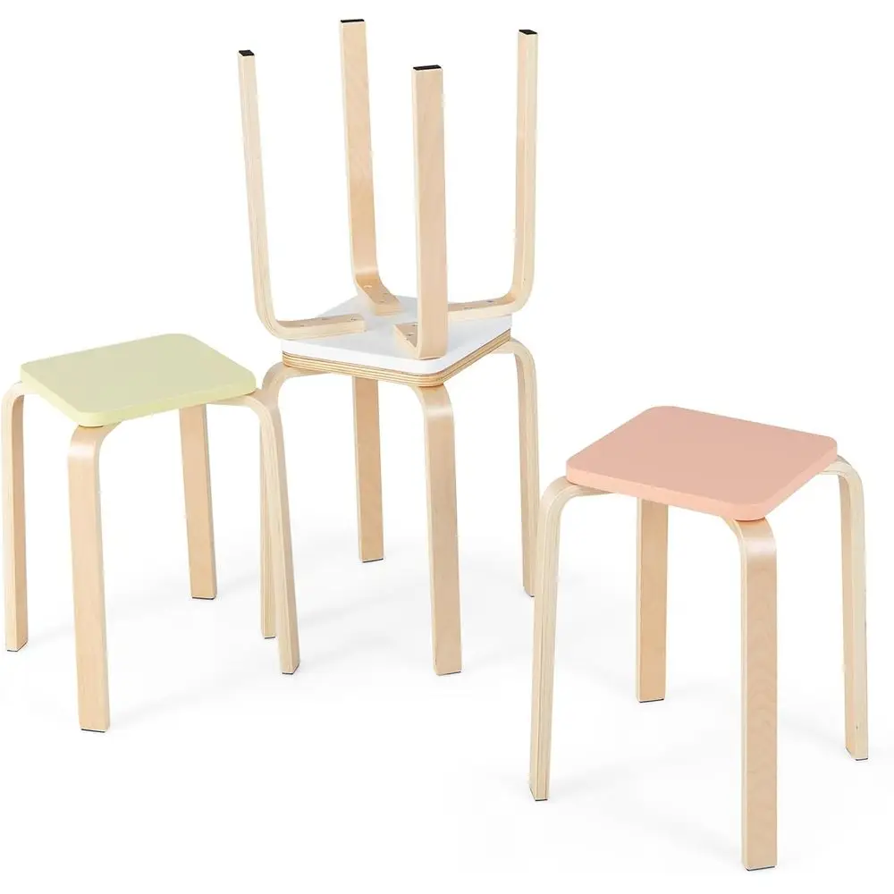 Stackable Wooden Stools Set of 4, Portable 18-Inch Height Back to School Chairs with Square Top, Anti-Slip Felt Mats, Stacking S