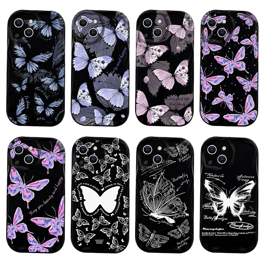 Cute Retro 3D Butterfly Black 3D Wave Case For iPhone 15 14 13 12 11 Pro Max Mini X XR XSMAX 8 7 6S Plus Soft Silicone Cover