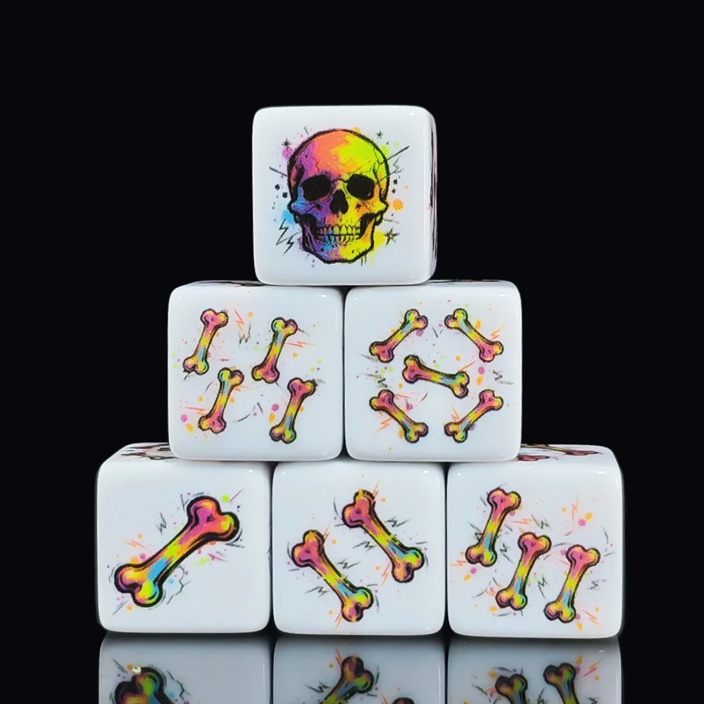 12Pcs 16MM Acrylic Printed D6 Dice Rainbow Skull Crossbones Pattern 6-Sided Square DND Dice Tabletop RPG Board Game Party Access