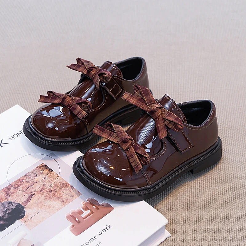 Girls Mary Jane Shoes Plaid Bow 2026 Spring Autumn Children School Uniform Leather Shoes Princess Wedding Party Dress Kids Flats