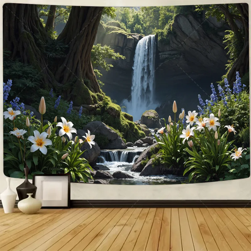 

1шт настенный гобелен водопад лес сцена с лилиями и лозами природа настенный гобелен