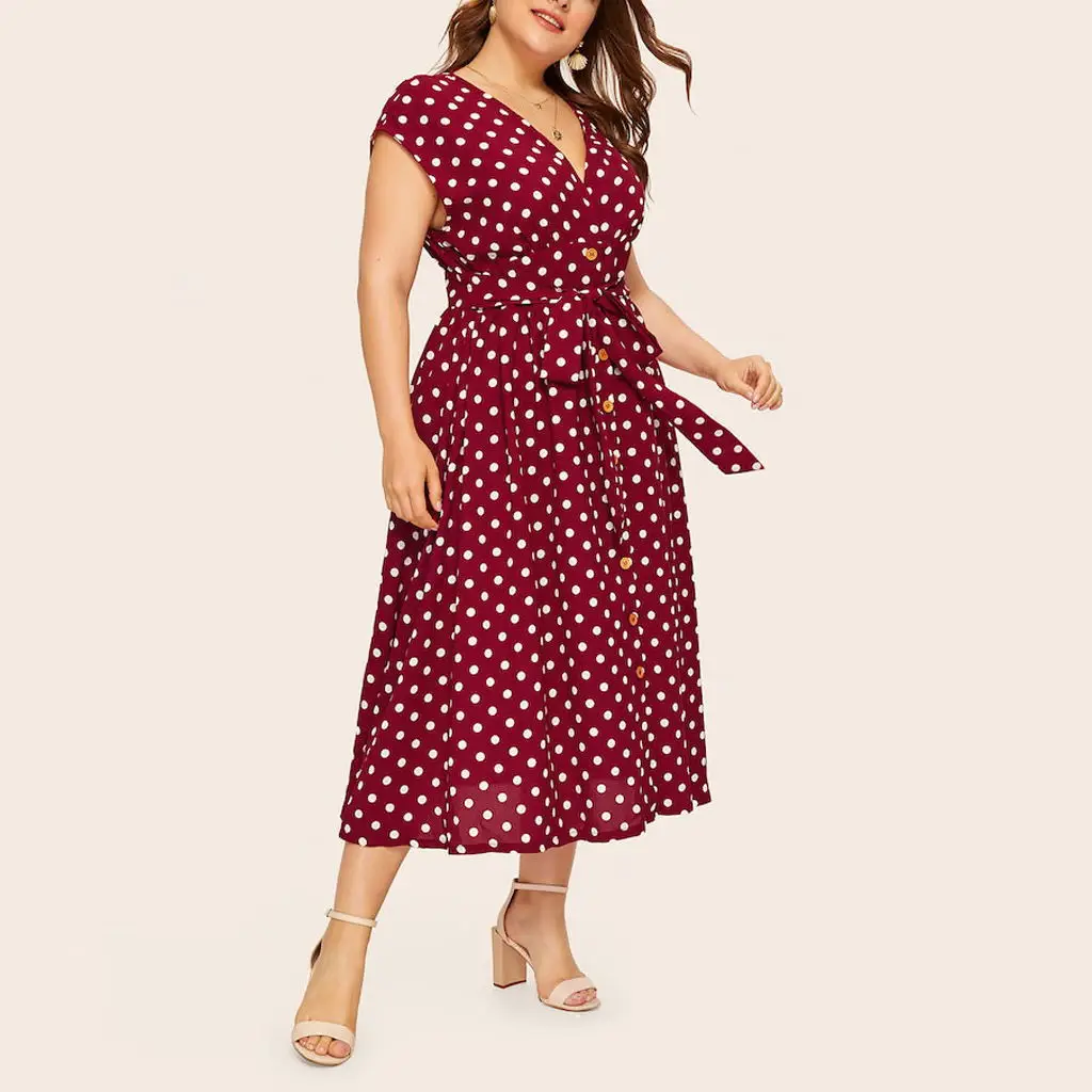 Women Plus Dress Polka Dot Dress Plus Size Waist Belt Dress V Neck Short Sleeves Wrap Boho A-line Casual Dresses for Summer