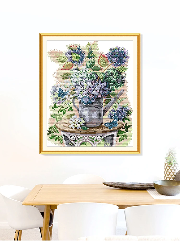 

Modern Minimalist Cross Stitch Kit Butterflies And Hydrangea Handmade Embroidery for Living Room Cotton Fabric White Color