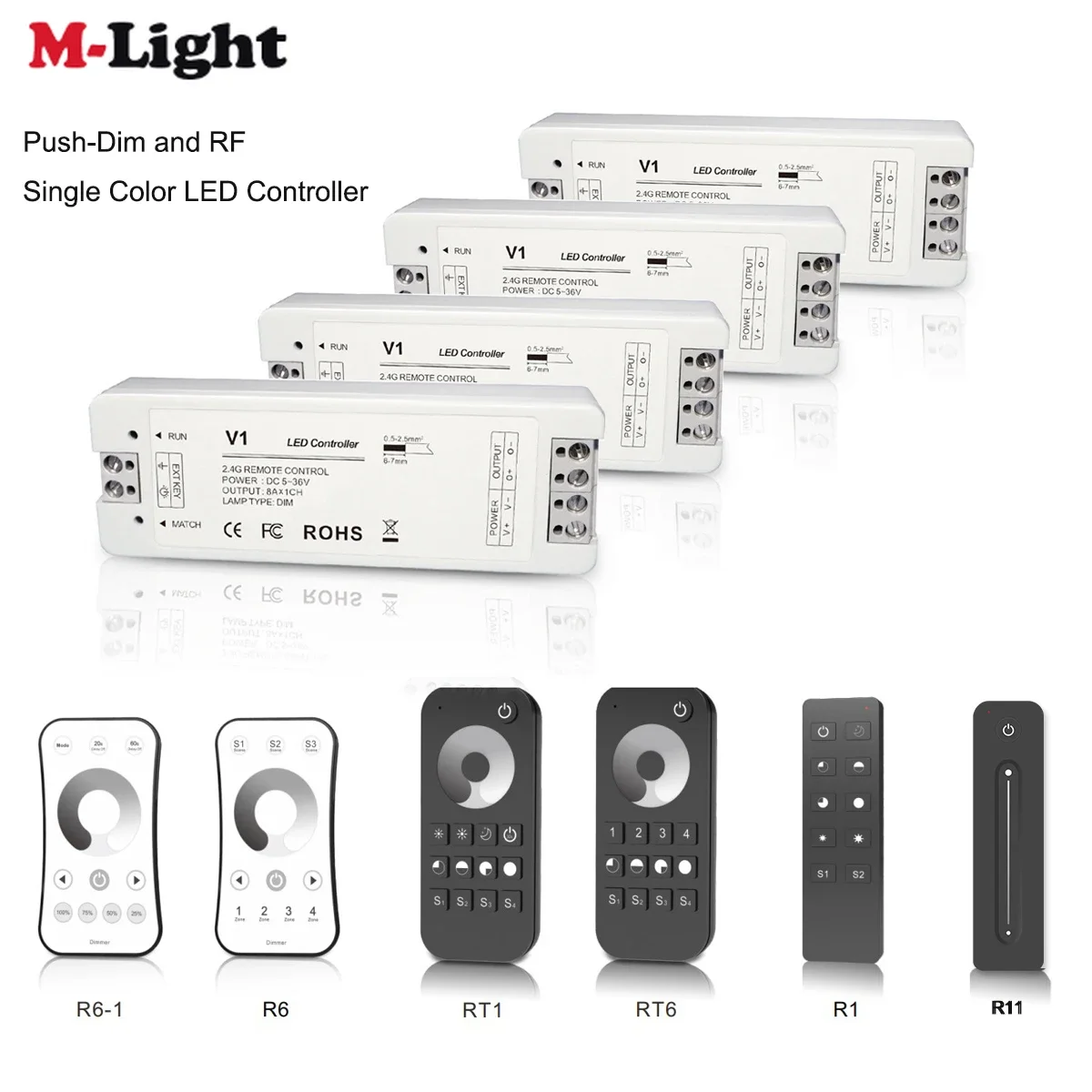 V1 DC 5V/12V/24V 8A PWM Wireless LED Dimmer Controller Switch +Touch RF Remote for Single Color COB 5050 3528 Dimming LED Strip