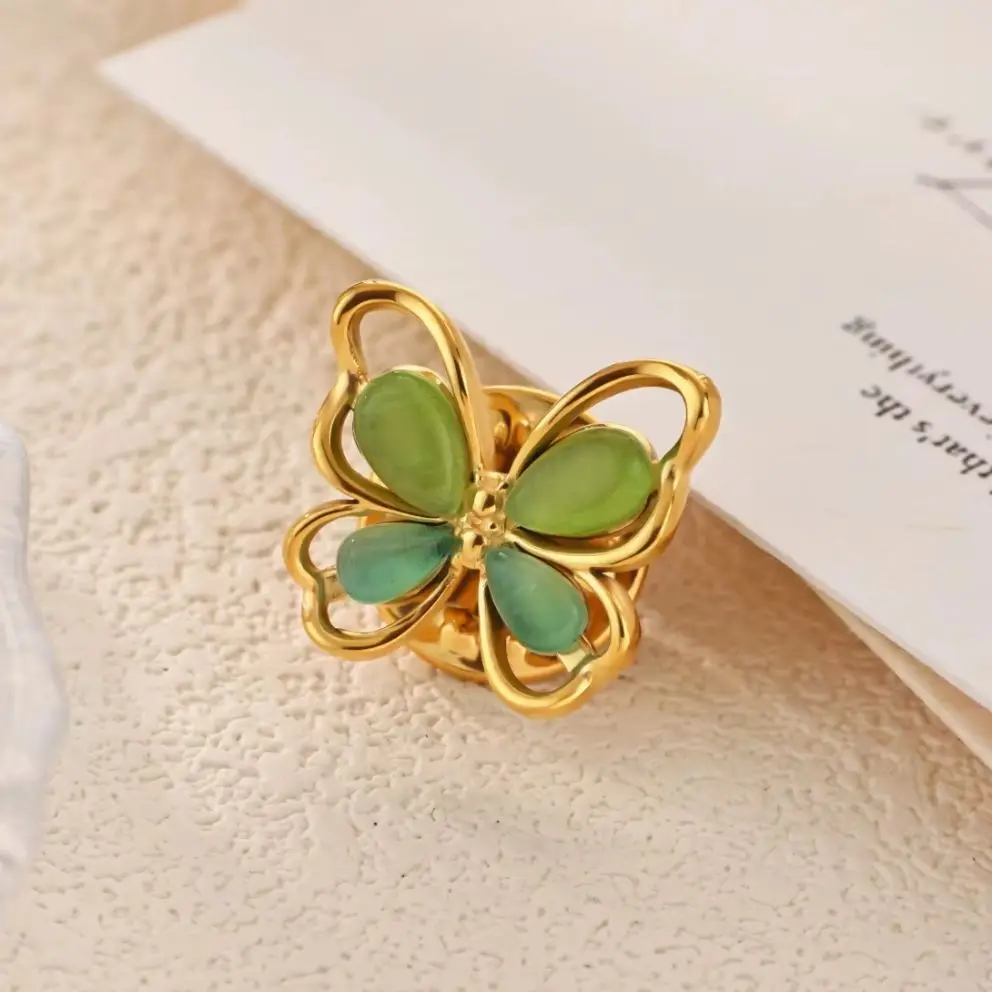 Elegant Green Cat Eye Stone Butterfly Brooch for Women Gold Color  Stainless Steel Insect Pin Delicate Jewelry Collar Accessory