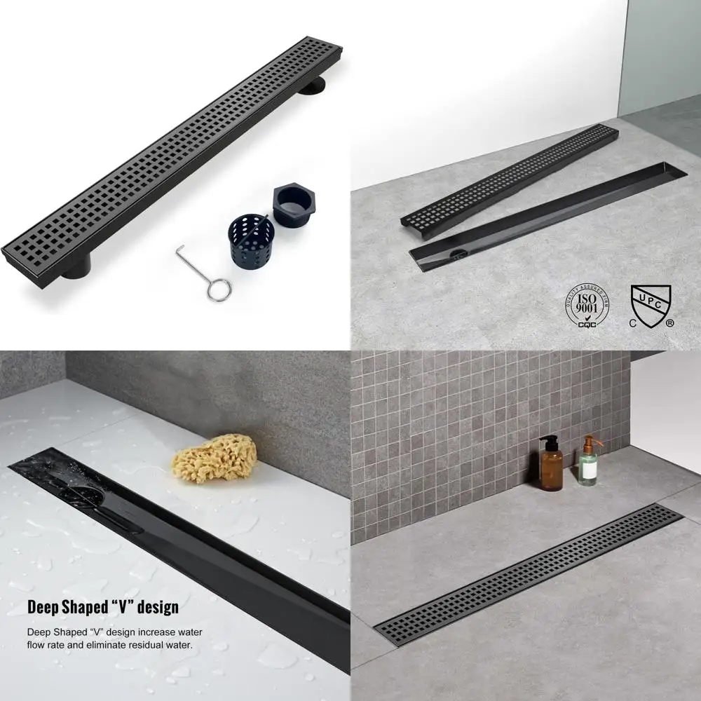 

Linear Matte Black 36 Shower Drain with Removable Grate, Brushed 304 Stainless Steel, Side Outlet for Modern Bathrooms
