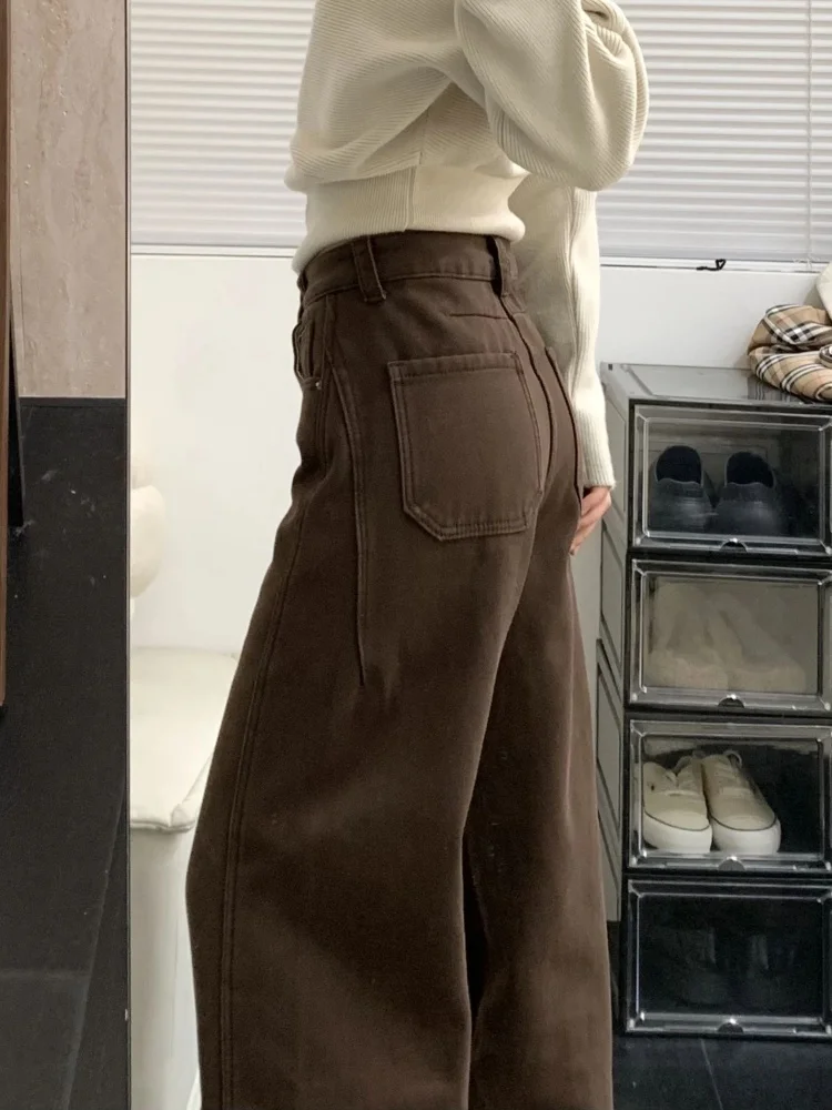 

Большие размеры, широкие джинсы с высокой талией на подкладке, женские брюки прямого кроя в американском стиле, осень-зима