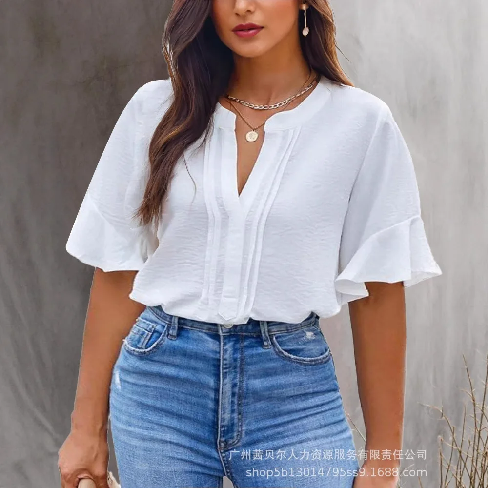 

Women Solid Color Fashion V-Neck Short Bell Sleeve Blouse Casual Loose Fit Summer Top