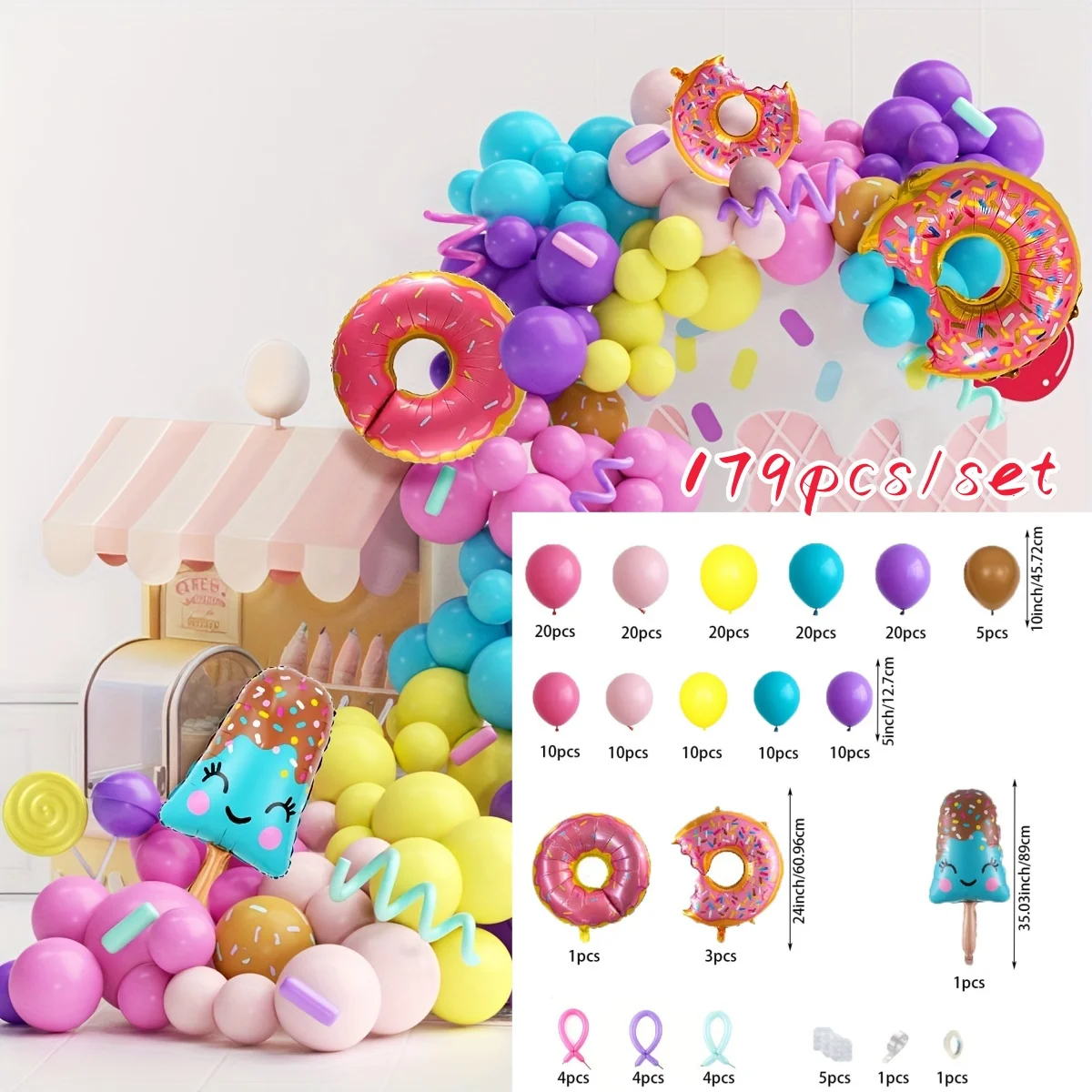 179pcs, donut themed Balloon Party Garland Arch kit suitable for decorating parties, birthdays, anniversaries and more