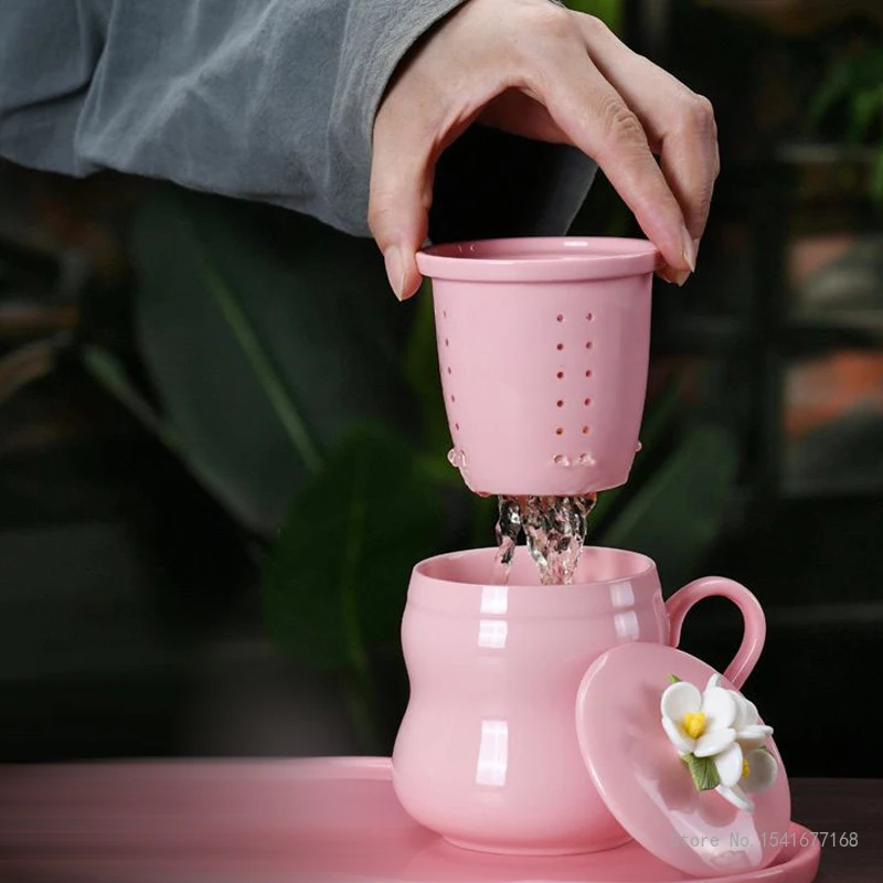 Tea Water Separating Mug with Handle Ceramic Cover Lid Pinching Flower with Handle Creative Home Furnishings Office Pink Cup 1Pc