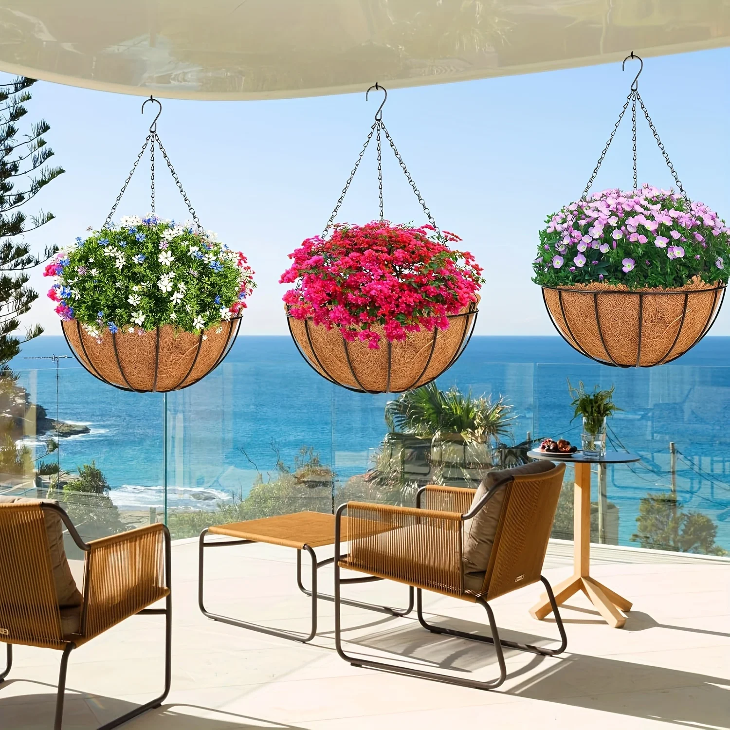 3Pcs Hanging Planter Basket Set, Rust-Resistant Chains with 10Inch Coconut Coir, Indoor Outdoor Garden Balcony Decor