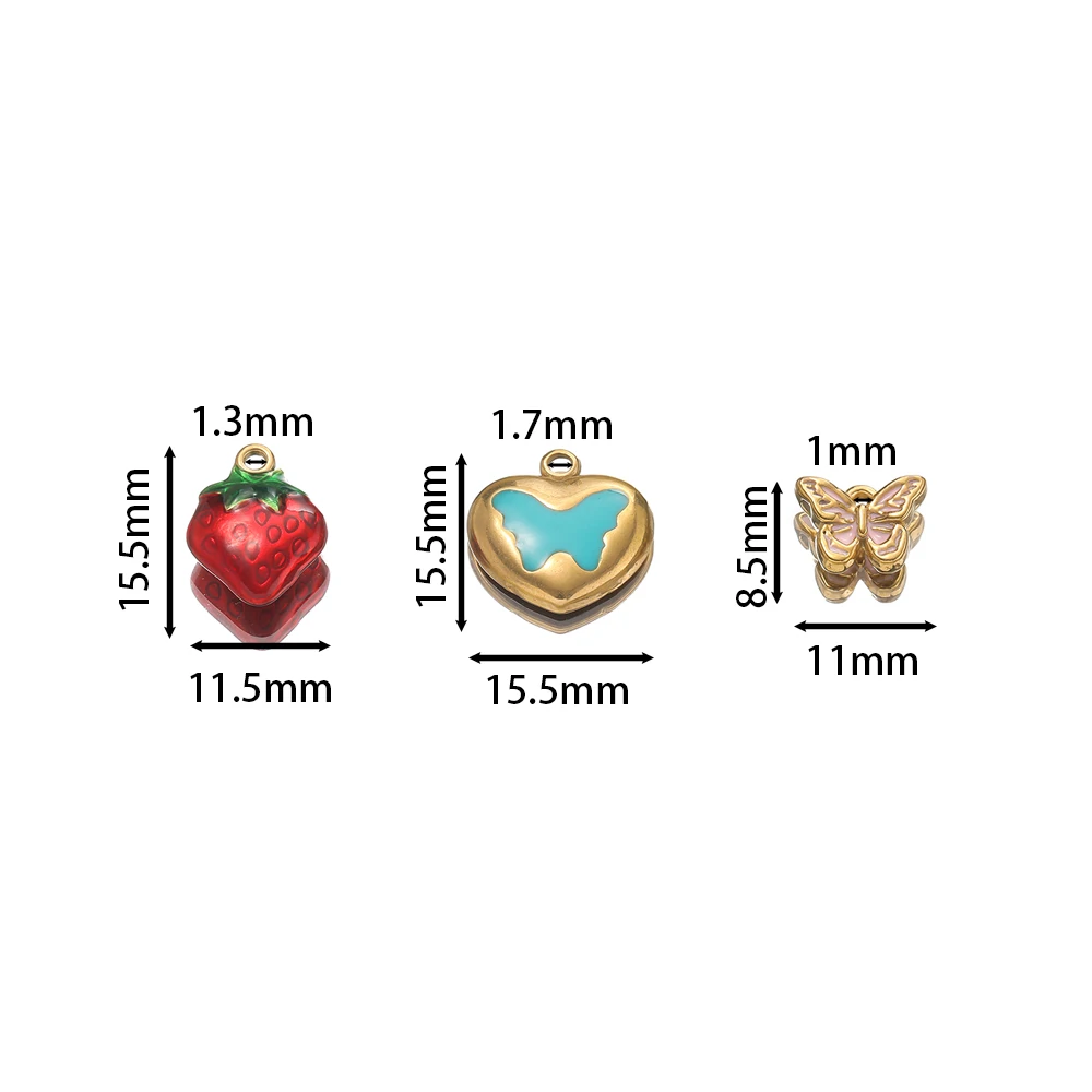 5pcs/lot 3 Styles Stainless Steel Heart Butterfly Strawberry Shape Charms Pendants For DIY Necklace Jewelry Making Accessories