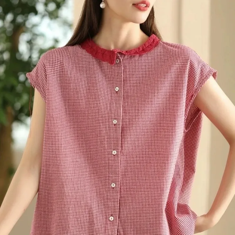 

Women's Spring Summer Sleeveless Blouse Red Gingham Knitted Collar Button Down Casual Shirt