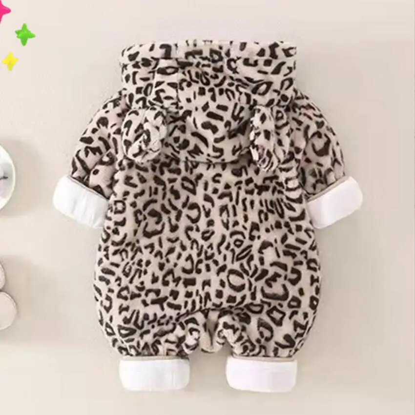 Infant Girls Leopard Print Romper Hooded Long Sleeved Plush Jumpsuit Boys Winter Warm Bodysuit Clothes Newborn Outwear