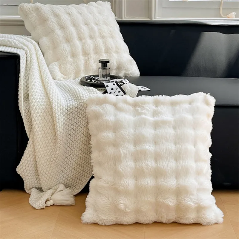 1pc Luxury Faux Rabbit Fur Cushion Cover 50*50cm Plush Milk White Throw Pillowcase for Sofa Bed Living Room Home Decor NO Inner