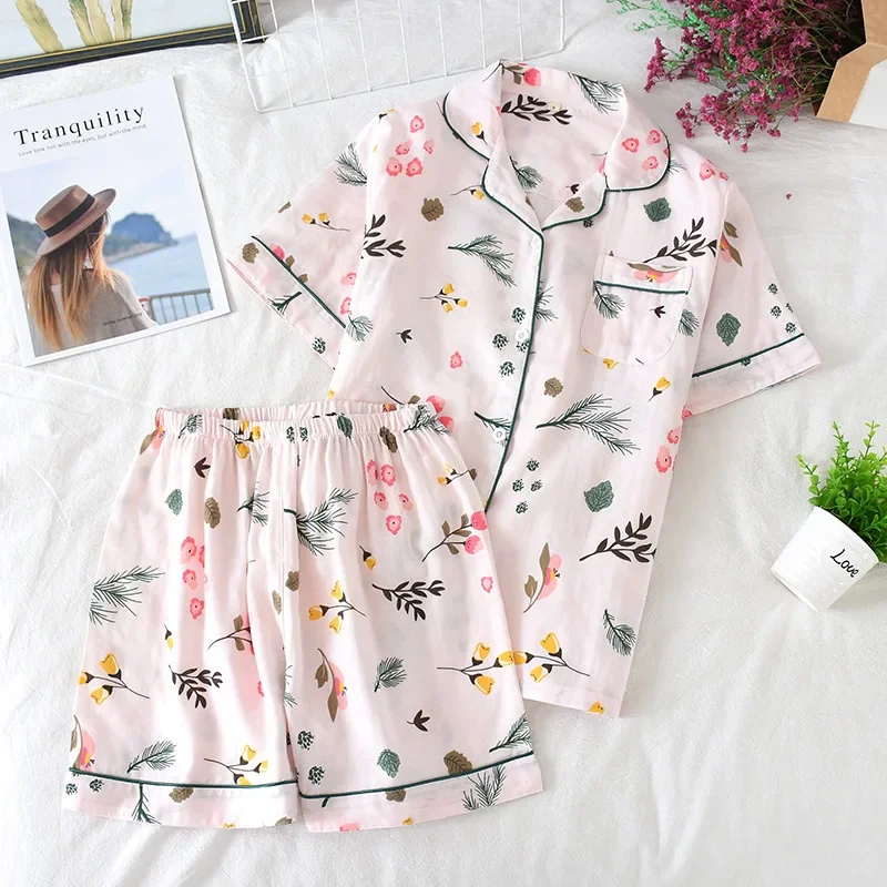 Japanese spring and summer pajamas ladies 100% cotton gauze thin section loose Korean version of home clothes short sleeve short