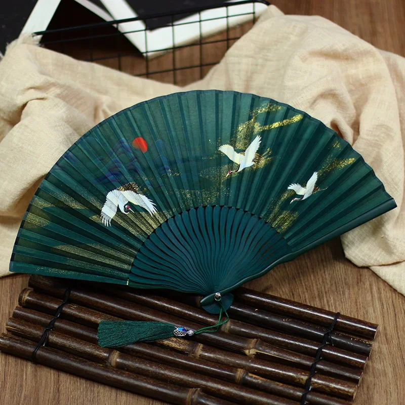 

Ancient Style Silk Crane Auspicious Clouds Palace Folding Fan Summer Women Fan Small Portable Hanfu Fan 6 Colors Creative Gift