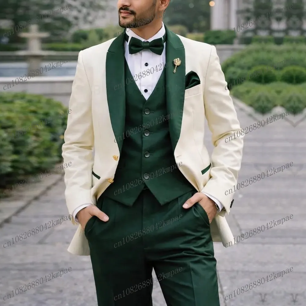 

Formal White And Green Men Suit Groom Groomsman Wedding Party Prom Business Male Tuxedos 3 Piece Set Blazer Vest Pants 0