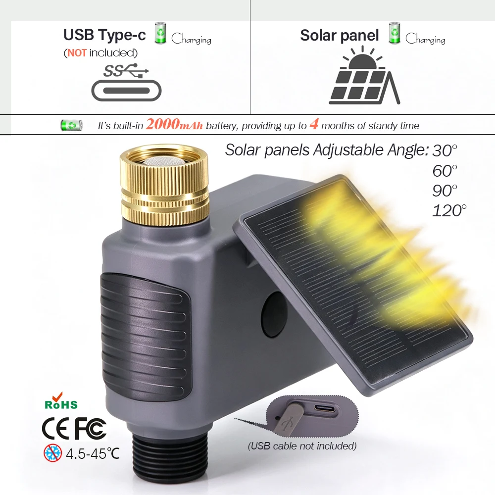 Solar WiFi Garden Water Timer Adjustable Solar Panel USB‑C Rechargeable Rain Delay IP55 Smart Irrigation Controller for LawnYard