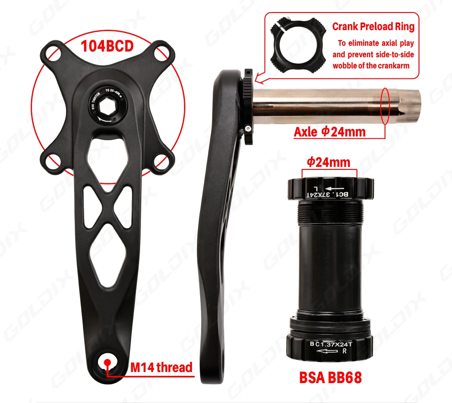 GOLDIX Hochfeste Fahrradkurbelgarnitur aus geschmiedeter Aluminiumlegierung, 104BCD, schmal-breites Kettenblatt, 170 mm Länge, für Mountainbikes. – Detail 3