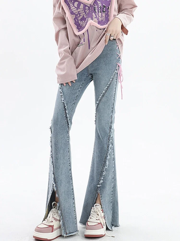 

Y2k расклешенные джинсы женские с разрезом спереди Hotsweet простые повязки корейская мода винтажные шикарные узкие повседневные уличные костюмы сексуальные студенческие девушки