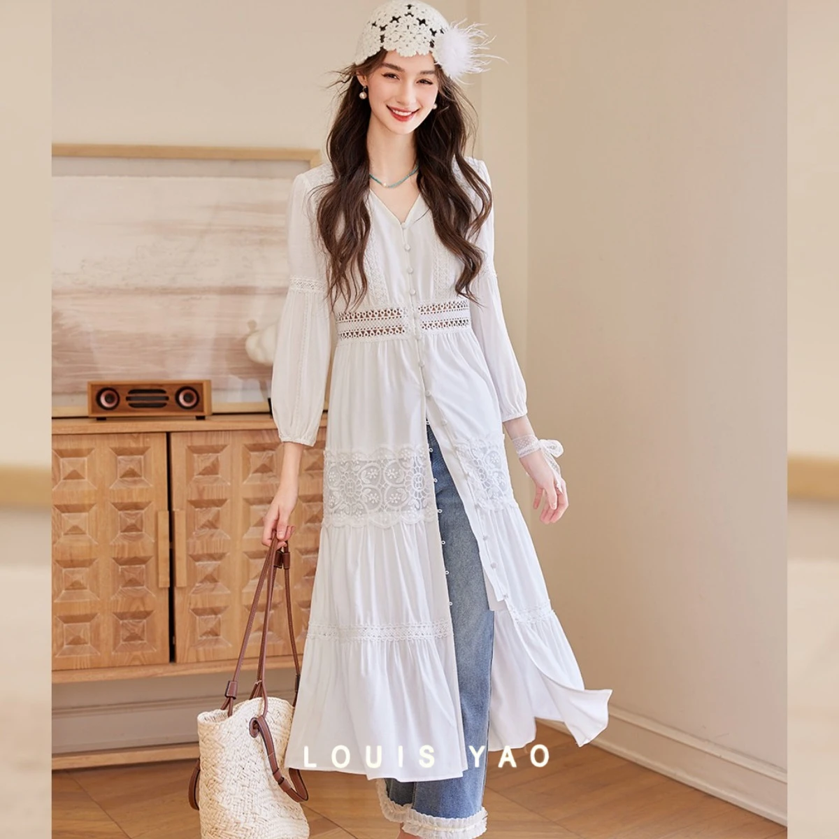 

V-neck Long Sleeved Long Dress 2025 Spring Summer Non Elastic Hollow Lace Splicing V-neck Women's Dress New Women's Clothing
