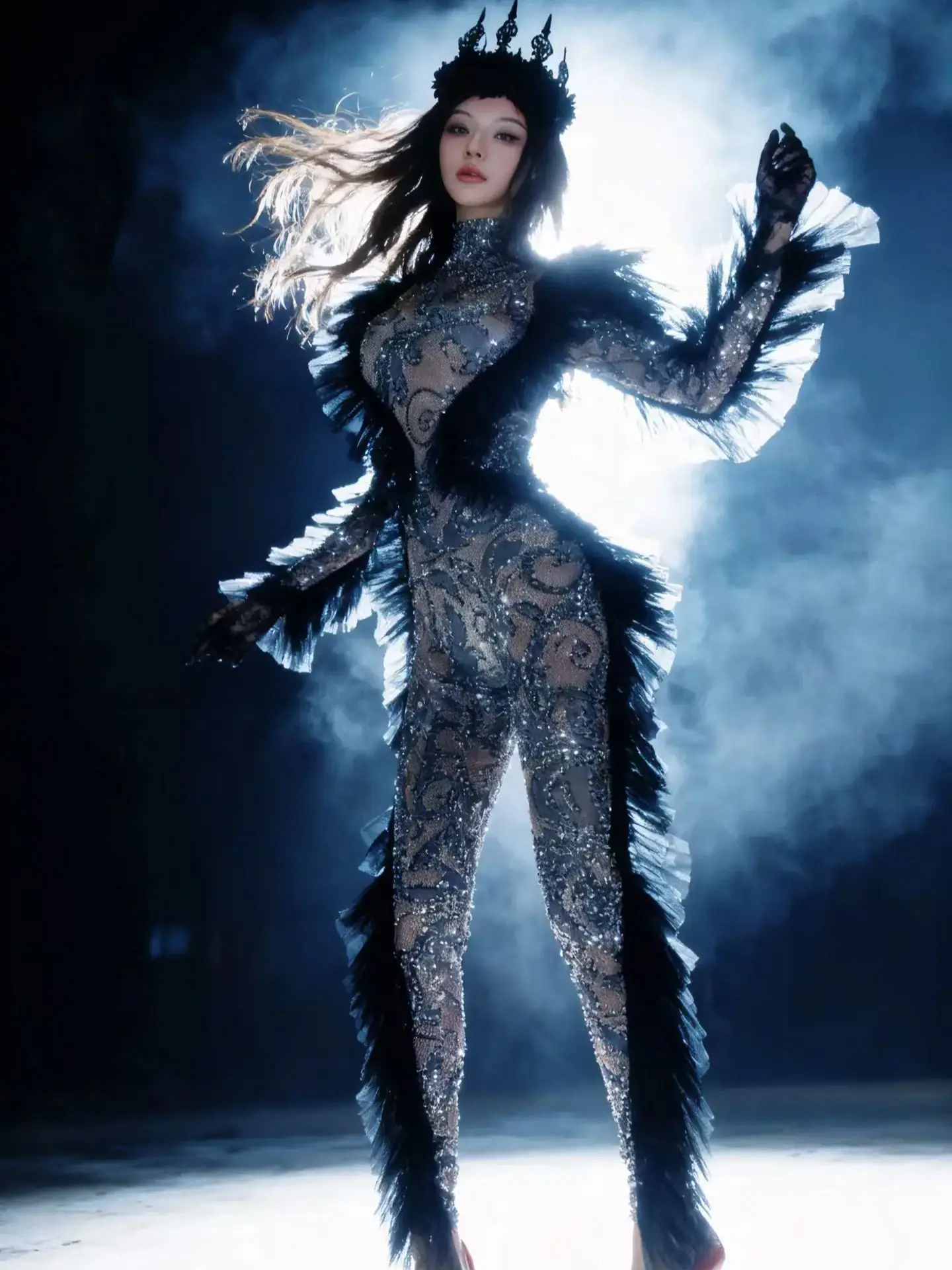 2026 Women Sexy Crystal Diamonds Black Long Sleeve Bodycon Jumpsuit Celebrity Designer Dancer Stage Costume Night Club Rompers