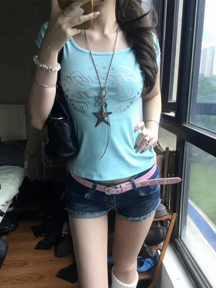 Genayooa Japanisches Y2k-Print-T-Shirt für Damen, kurzärmelig, schmale Crop-Tops, amerikanische Retro-Grafik-Tops, Streetwear, 2000er-Jahre-Fairycore-T-Shirt – Detail 7