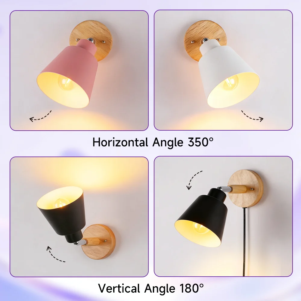 Wall Lamp Solid Wood Base Replaceable E27 Bulb Wall Light Indor for Living Room Bedroom 350° Rotatable Decor Light Wall Sconce