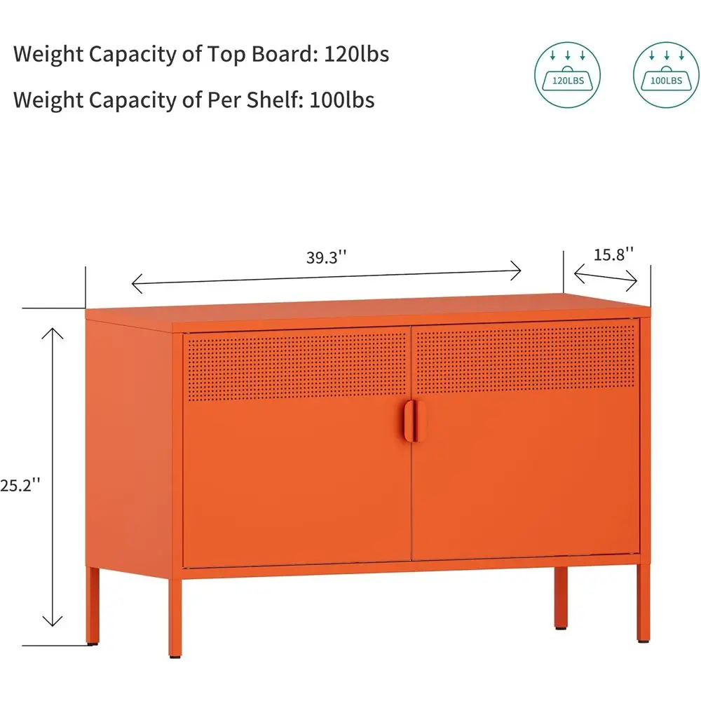 Double-Door Metal Storage Cabinet with Orange Accents for Home, Office, Entryway, and Living Room