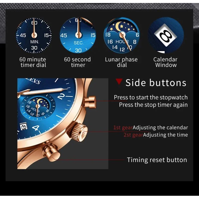 OLEVS Classic Quartz Watch for Men Chronograph Moon Phase Leather Strap Waterproof  Luminous Fashion Men's Wristwatch  2882