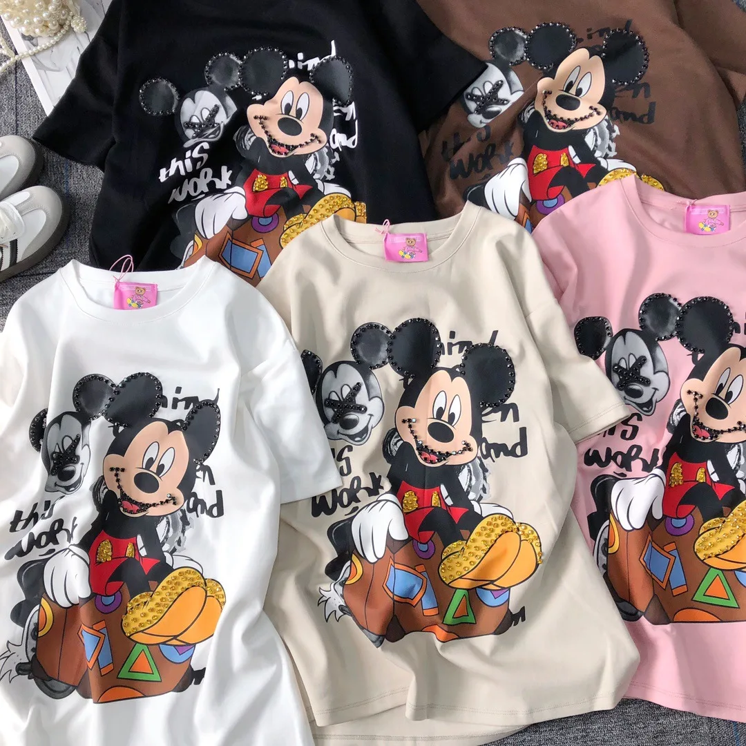 2025 New Sweet Cartoon Diamond-encrusted Printing Round Neck Loose Short-sleeved T-shirt Women Kawaii Clothes Spring Summer