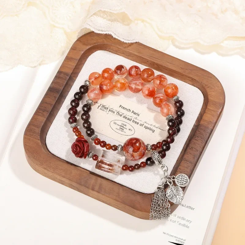 [Caramel Rose] Good Luck Red Glue Flower Peach Blossom Garnet Bracelet Female Natural Crystal Exquisite Niche Bracelet