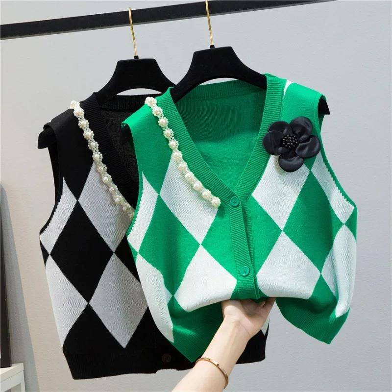 Classic Style Flower Pearl Collar Knitted Plaid Vest Women's Korean-Style Loose Sweater Cardigan Spring and Autumn New