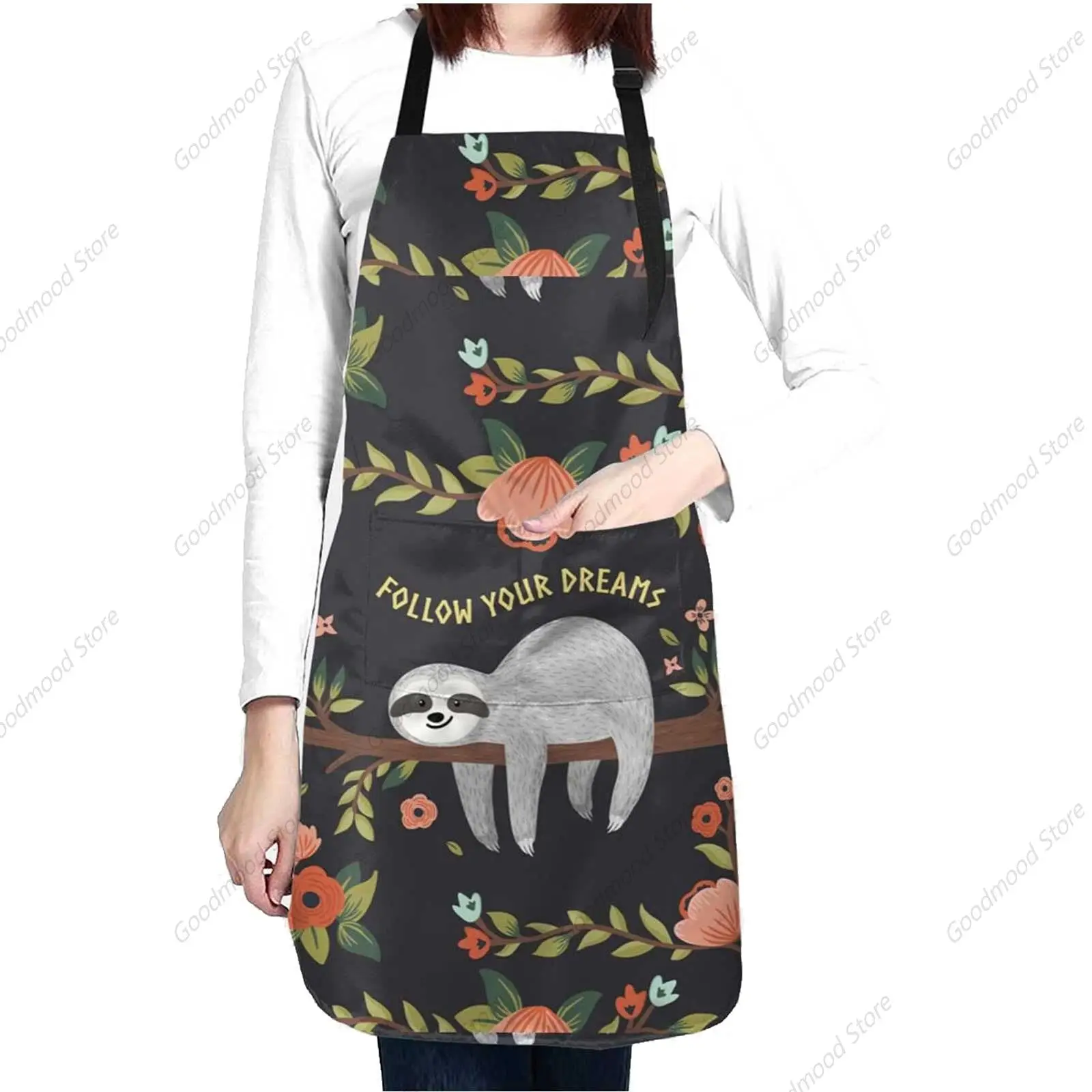 Cute Sloth Apron for Women with 2 pockets, Neck Strap Adjustable Funny Aprons, Chef, Kitchen, Cooking, Baking, Barbecue