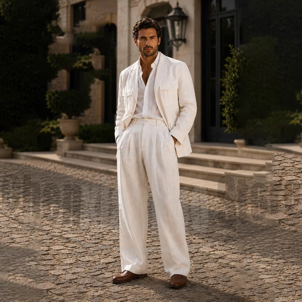 Chic Linen Two Piece Suit Single Breasted Patch Pocket Blazer with Pants Summer Beach Wedding Groom Casual Male Party Tuxedo
