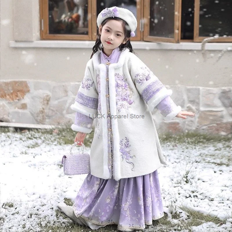 Girl's hanfu tangコスチューム、子供の古代スタイル、ぬいぐるみ、厚手、新年の日、女の子の服、冬