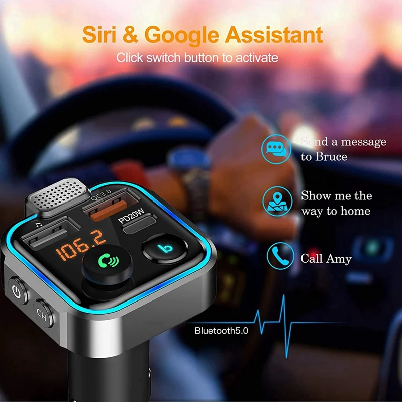 Car FM Transmitter Sound Fast USB Charger Car Adapter Support 42W PD+QC3.0 LED Backlight Wireless Call