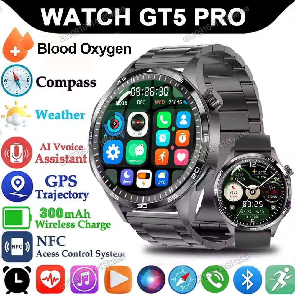 

Часы 5 Pro GPS NFC Смарт-часы Мужчины 360*360 AMOLED Экран Монитор сердечного ритма Bluetooth Вызовы IP68 Водонепроницаемые мужские умные часы 2025