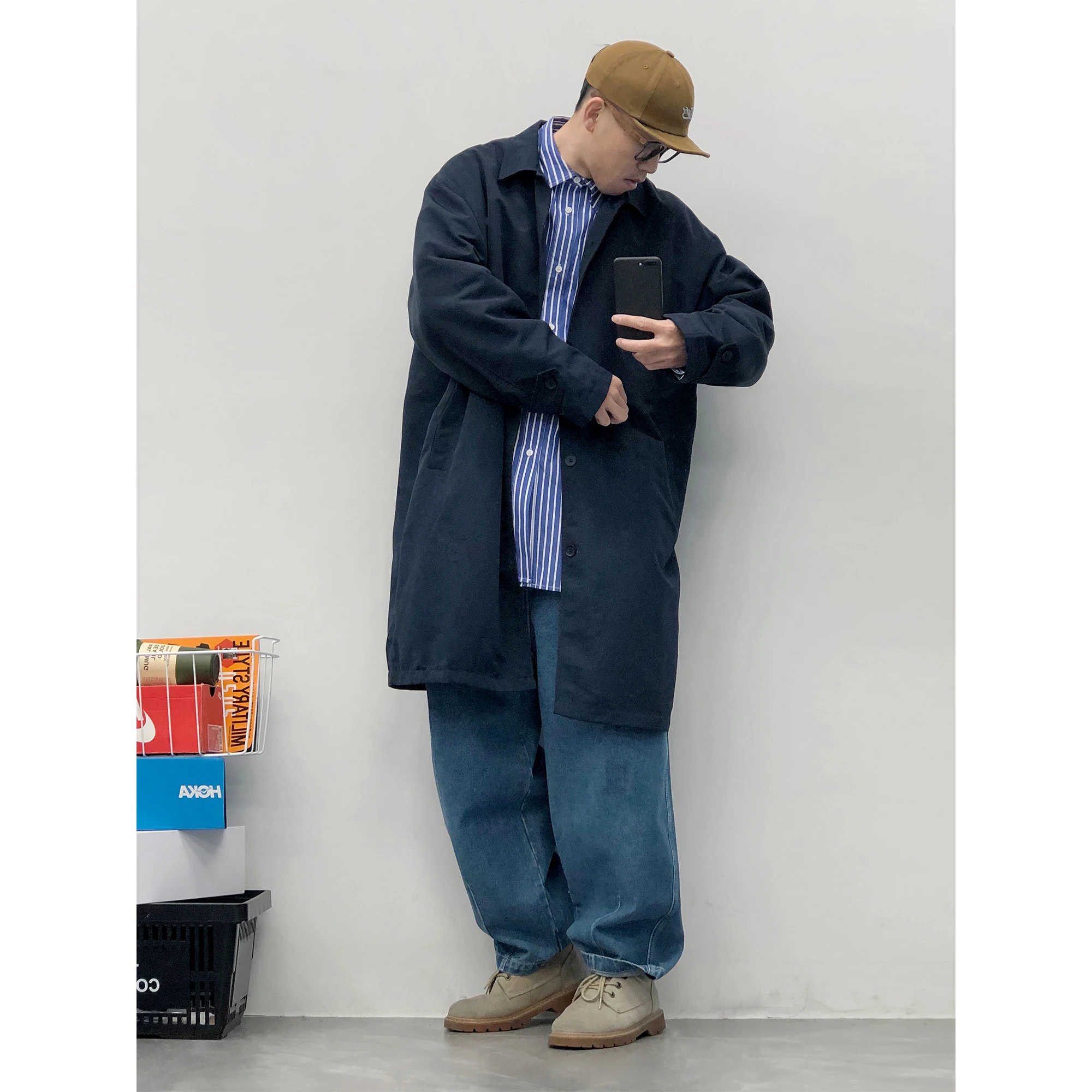 DustinHFM Japanese Retro Oversized Long Coat Unisex Simple Workwear Top Youth Trendy Pure Color Stand Collar Single ButtonYY280