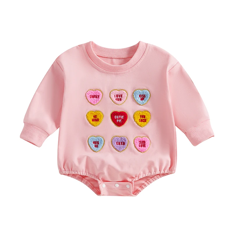 Baby Girl Sweatshirt Romper Heart Embroidery Long Sleeve Bubble Bodysuit Valentines Day Clothes