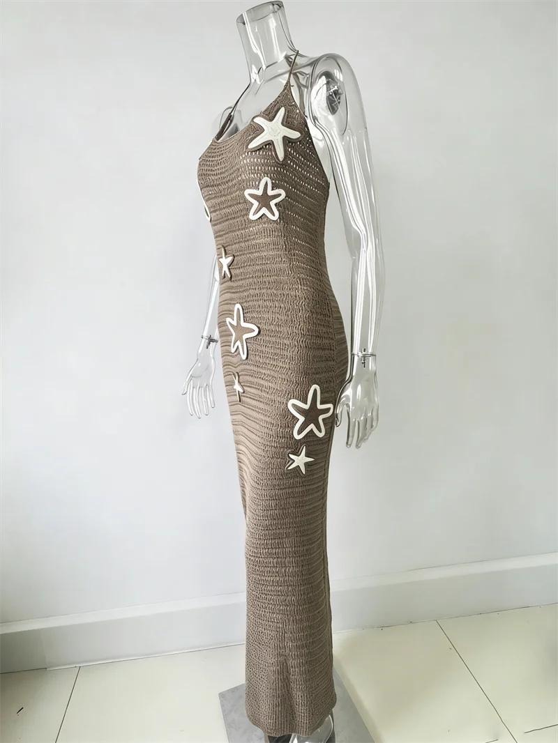 Women's Halter Backless Lace-Up Long Bandage Dress Knitted Bikini Cover-Up Summer Crochet Swimwear Robe Sexy Beach Bathing Suit view 5