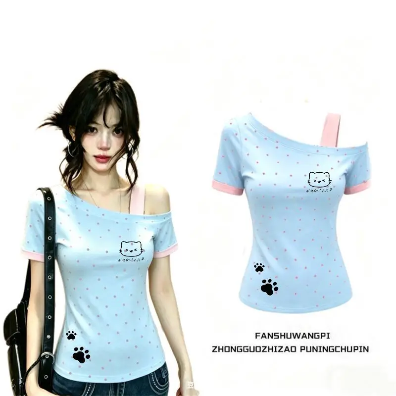 Süßes koreanisches Polka-Dot-Top mit freiem Schulterbereich für Damen, schmal geschnitten, kurzärmelig, One-Shoulder-T-Shirt, süßes Katzen-Sommer-T-Shirt, schlichtes T-Shirt, Fake-Two-Layer-Look – Detail 5